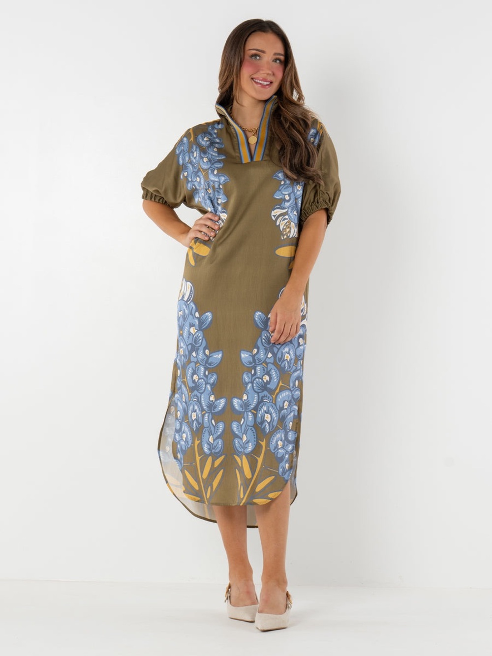 NWT Emily McCarthy Poppy Caftan Silk in Bluebonnet Large
